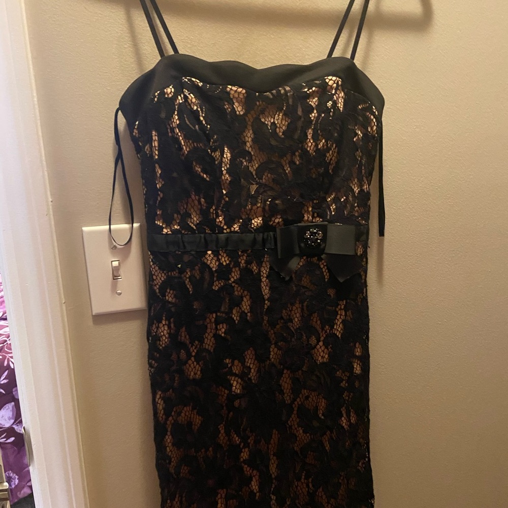 nude with black lace formal dress with gem belt
